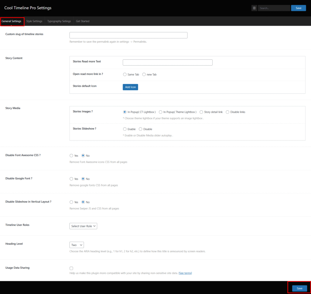 timeline general settings