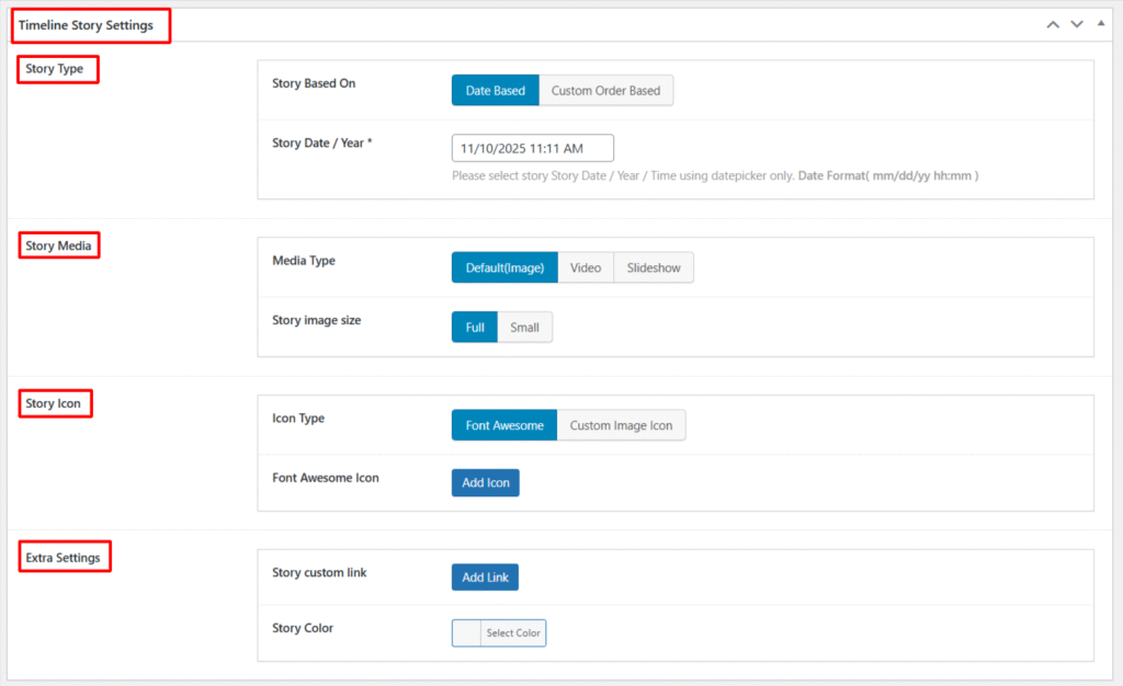 timeline story settings