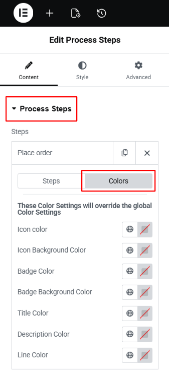 process steps colors settings